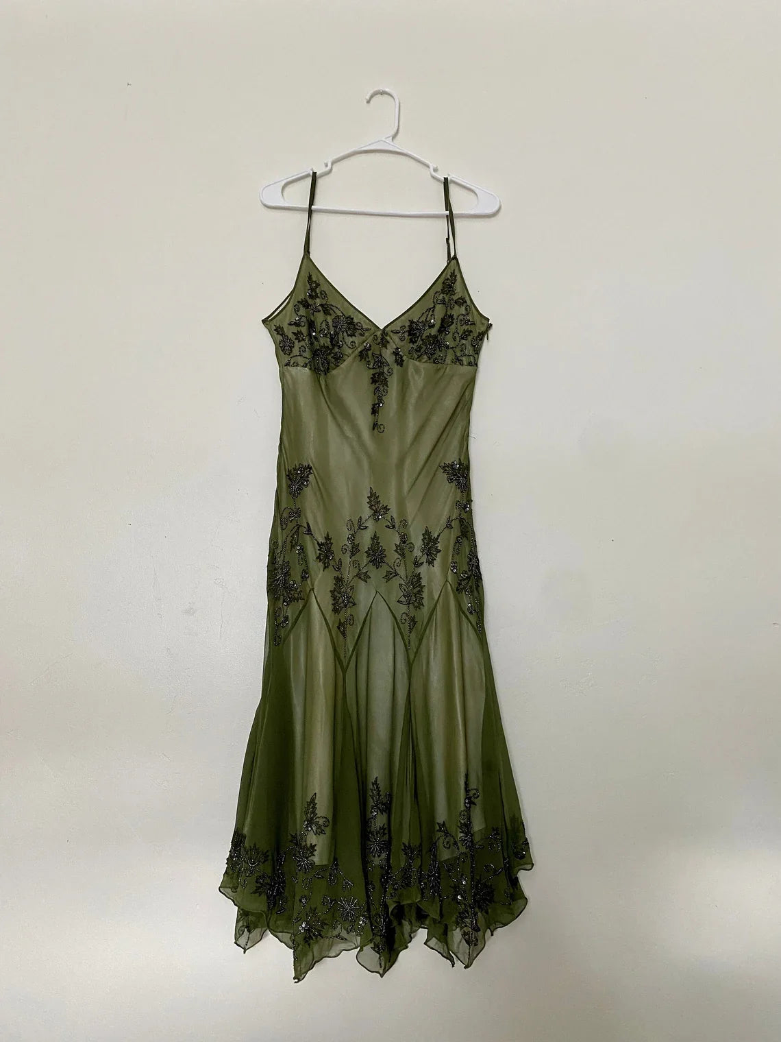 Dress Vintage 90s Spaghetti Straps Green Beaded Midi Dress Prom Dress