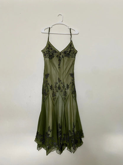 Dress Vintage 90s Spaghetti Straps Green Beaded Midi Dress Prom Dress