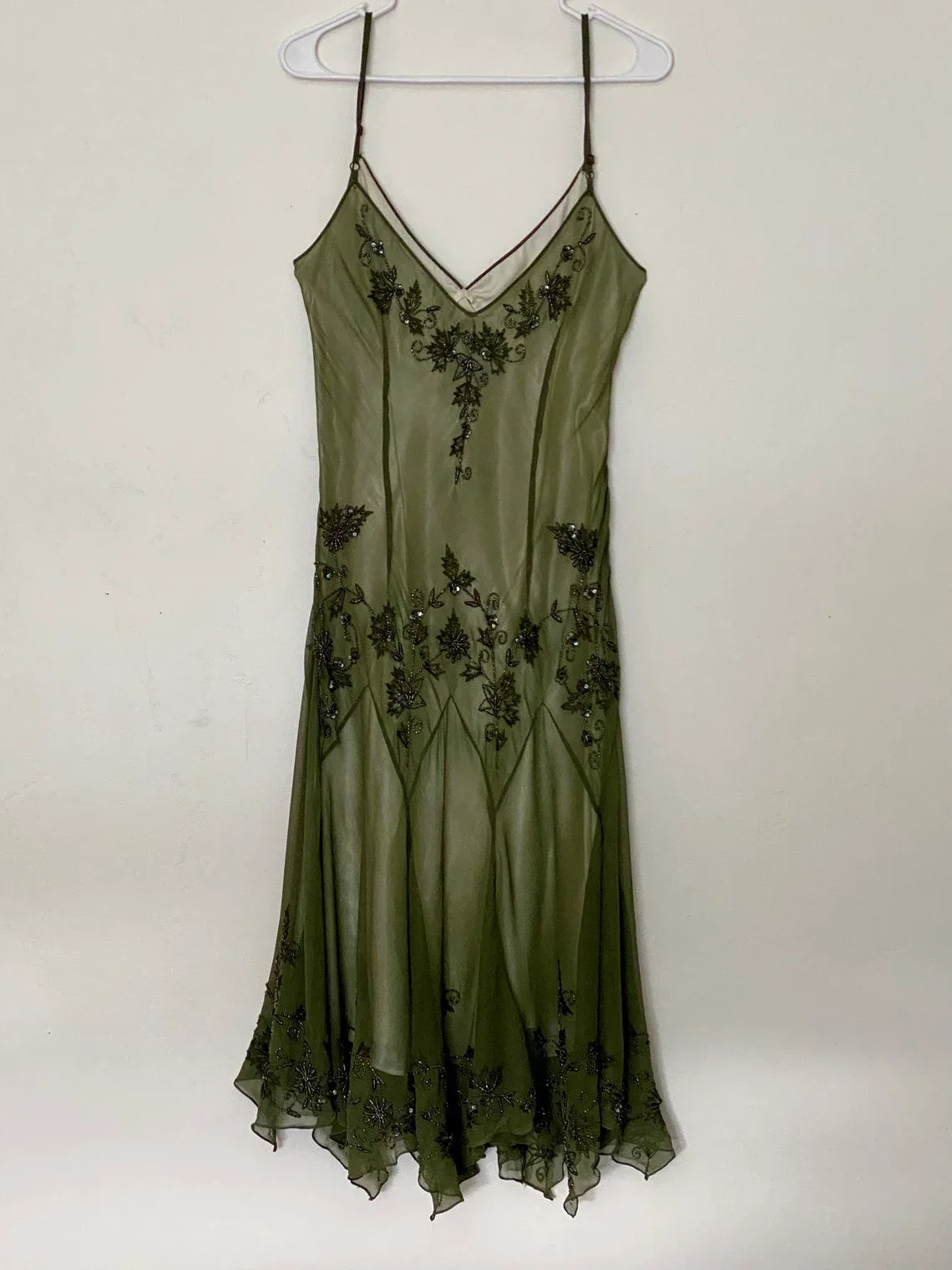 Dress Vintage 90s Spaghetti Straps Green Beaded Midi Dress Prom Dress