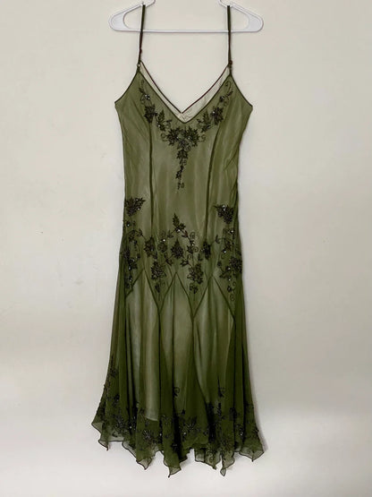 Dress Vintage 90s Spaghetti Straps Green Beaded Midi Dress Prom Dress