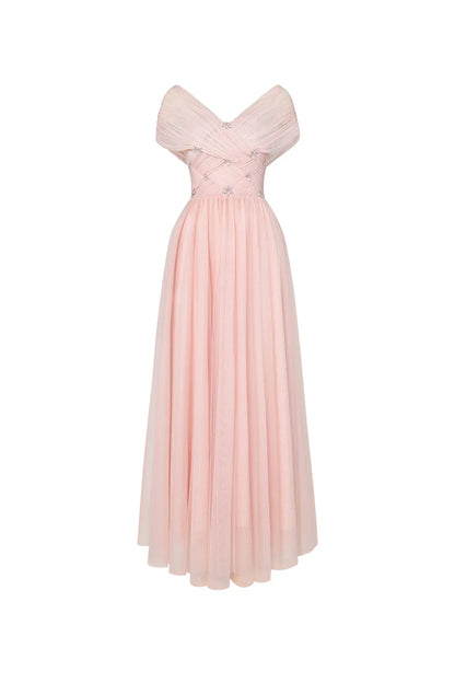 Dress Vintage A-line V-Neck Tulle Midi Dress Off the Shoulder Pleated Zipper Up Cap Sleeve Evening Dress