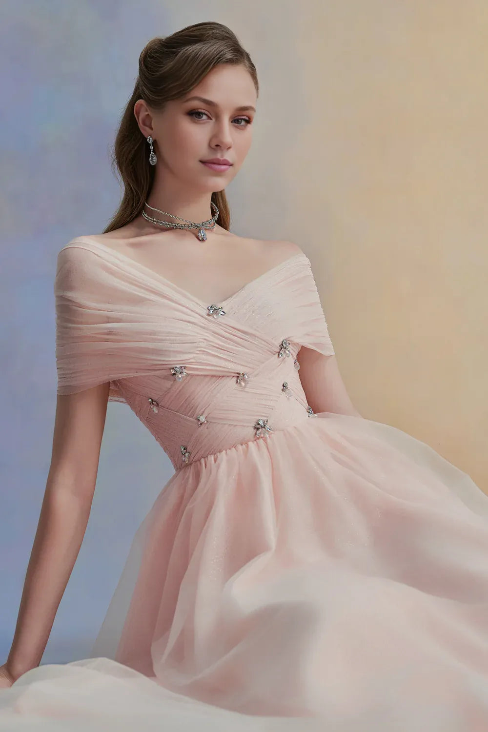 Dress Vintage A-line V-Neck Tulle Midi Dress Off the Shoulder Pleated Zipper Up Cap Sleeve Evening Dress