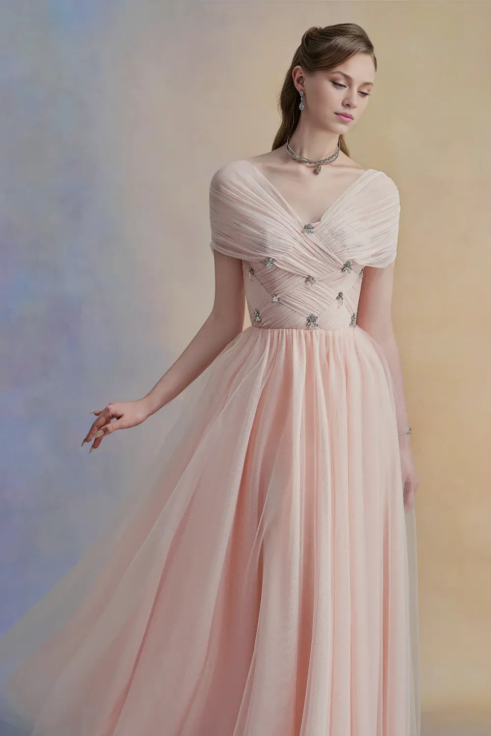 Dress Vintage A-line V-Neck Tulle Midi Dress Off the Shoulder Pleated Zipper Up Cap Sleeve Evening Dress