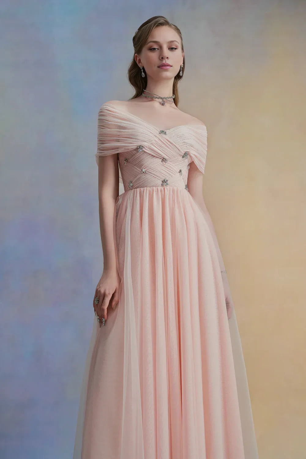 Dress Vintage A-line V-Neck Tulle Midi Dress Off the Shoulder Pleated Zipper Up Cap Sleeve Evening Dress