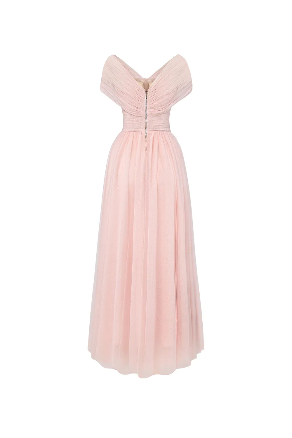 Dress Vintage A-line V-Neck Tulle Midi Dress Off the Shoulder Pleated Zipper Up Cap Sleeve Evening Dress