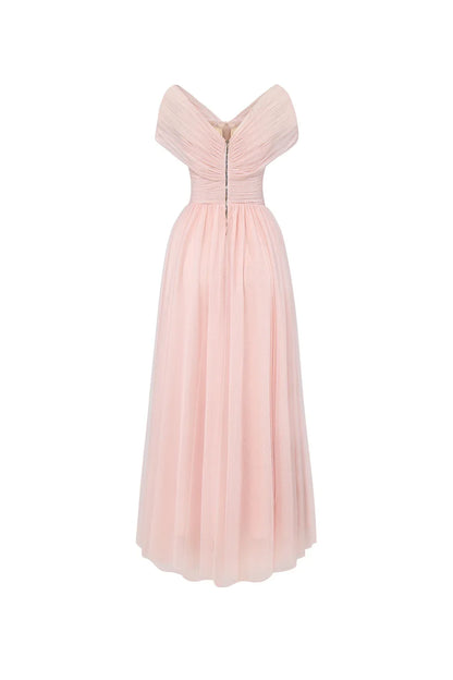 Dress Vintage A-line V-Neck Tulle Midi Dress Off the Shoulder Pleated Zipper Up Cap Sleeve Evening Dress