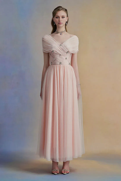 Dress Vintage A-line V-Neck Tulle Midi Dress Off the Shoulder Pleated Zipper Up Cap Sleeve Evening Dress