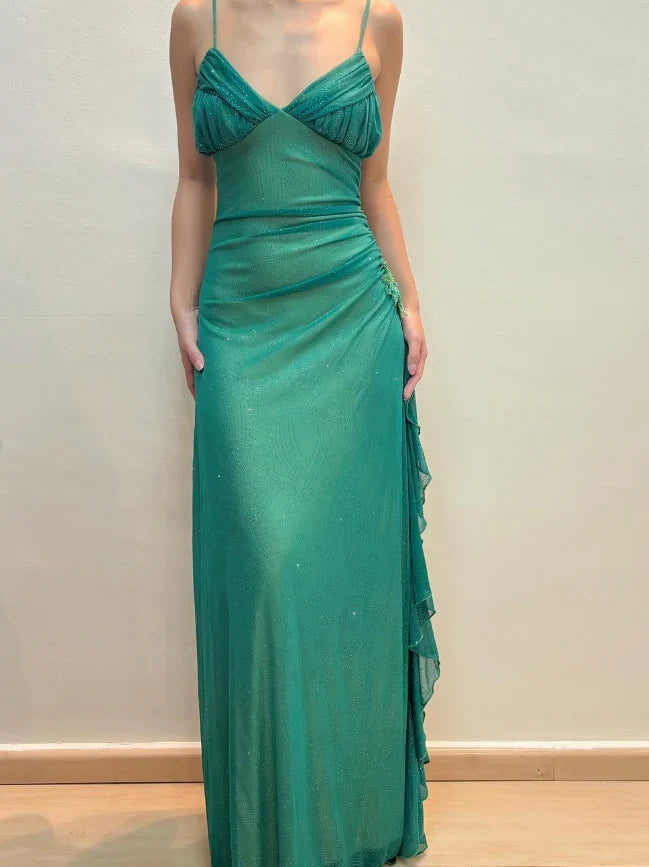Dress Vintage A Line Spaghetti Strap Rhinestone Green Chiffon Prom Dress Evening Dress Party Dress