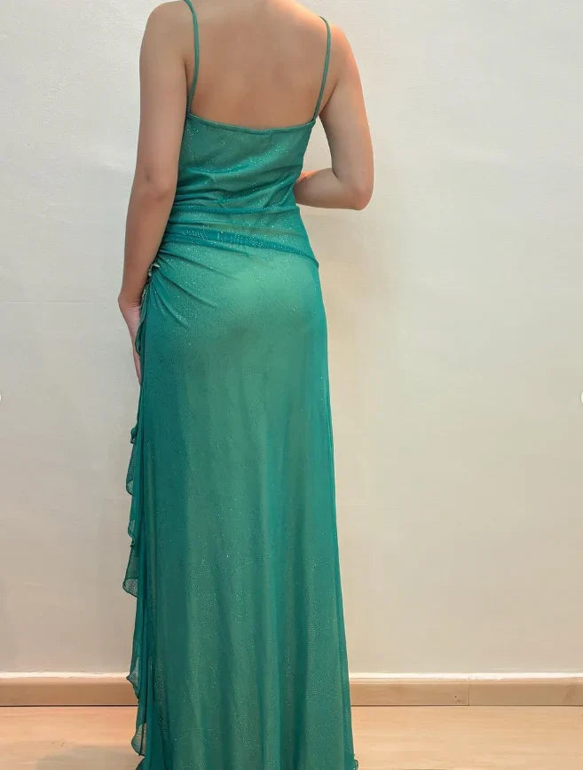 Dress Vintage A Line Spaghetti Strap Rhinestone Green Chiffon Prom Dress Evening Dress Party Dress