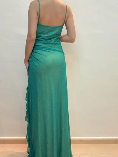 Dress Vintage A Line Spaghetti Strap Rhinestone Green Chiffon Prom Dress Evening Dress Party Dress