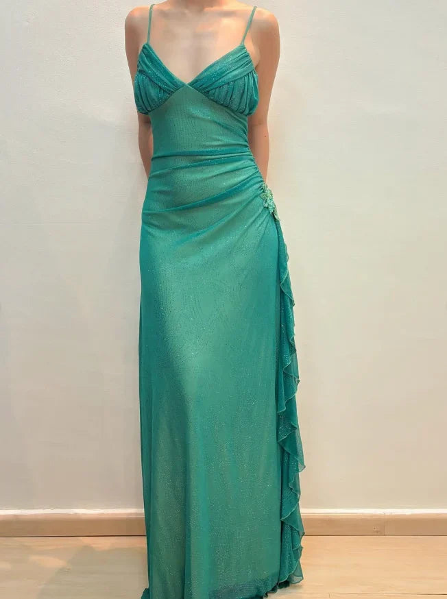 Dress Vintage A Line Spaghetti Strap Rhinestone Green Chiffon Prom Dress Evening Dress Party Dress