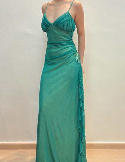 Dress Vintage A Line Spaghetti Strap Rhinestone Green Chiffon Prom Dress Evening Dress Party Dress