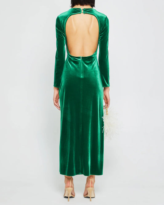 Dress Vintage Column Ankle-Length Long Sleeve Party Dresses Boat Neck Velvet Pleated Open Back Evening Dress