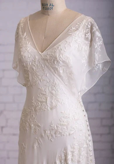 Dress Vintage Inspire Lace 1920s Retro Casual V-Neck Sheath Flutter Butterfly Sleeves Wedding Dress