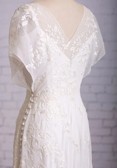 Dress Vintage Inspire Lace 1920s Retro Casual V-Neck Sheath Flutter Butterfly Sleeves Wedding Dress