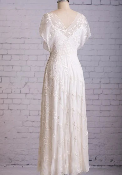 Dress Vintage Inspire Lace 1920s Retro Casual V-Neck Sheath Flutter Butterfly Sleeves Wedding Dress