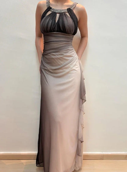 Dress Vintage Mermaid Halter Rhinestone Grey Ombre Chiffon Prom Dress Evening Dress Party Dress