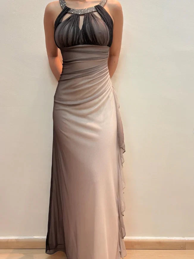 Dress Vintage Mermaid Halter Rhinestone Grey Ombre Chiffon Prom Dress Evening Dress Party Dress