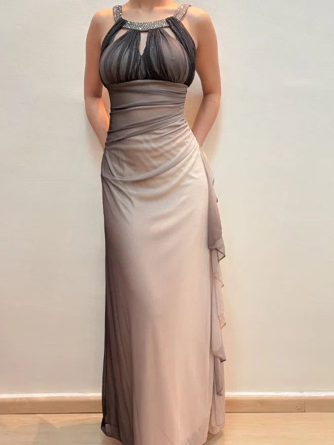 Dress Vintage Mermaid Halter Rhinestone Grey Ombre Chiffon Prom Dress Evening Dress Party Dress