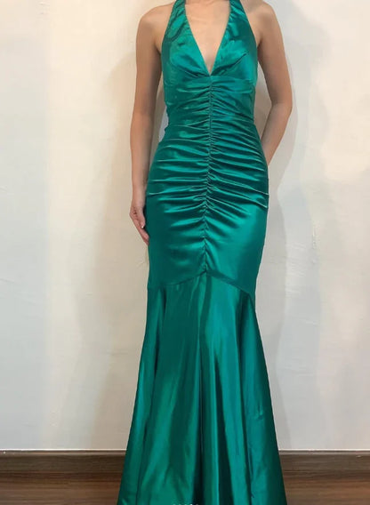 Dress Vintage Mermaid Halter V Neck Green Satin Open Back Long Prom Dress Evening Dress Party Dress