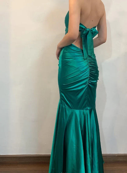 Dress Vintage Mermaid Halter V Neck Green Satin Open Back Long Prom Dress Evening Dress Party Dress