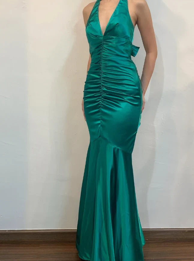 Dress Vintage Mermaid Halter V Neck Green Satin Open Back Long Prom Dress Evening Dress Party Dress