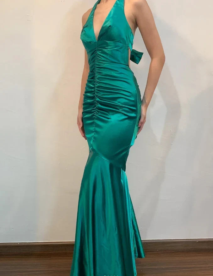 Dress Vintage Mermaid Halter V Neck Green Satin Open Back Long Prom Dress Evening Dress Party Dress