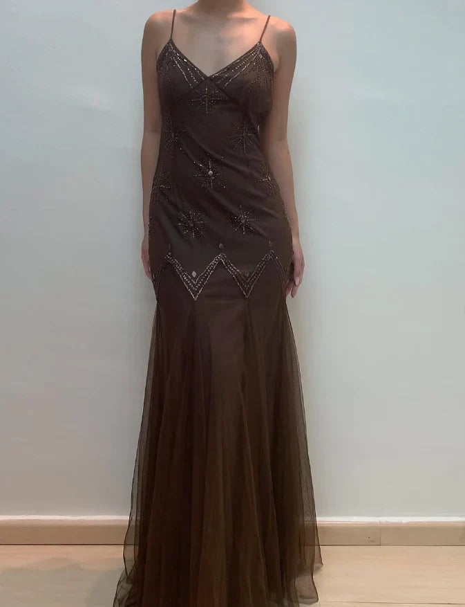 Dress Vintage Mermaid Spaghetti Strap Sequins Brown Chiffon Prom Dress Evening Dress Party Dress