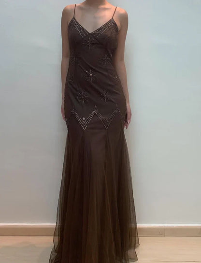 Dress Vintage Mermaid Spaghetti Strap Sequins Brown Chiffon Prom Dress Evening Dress Party Dress