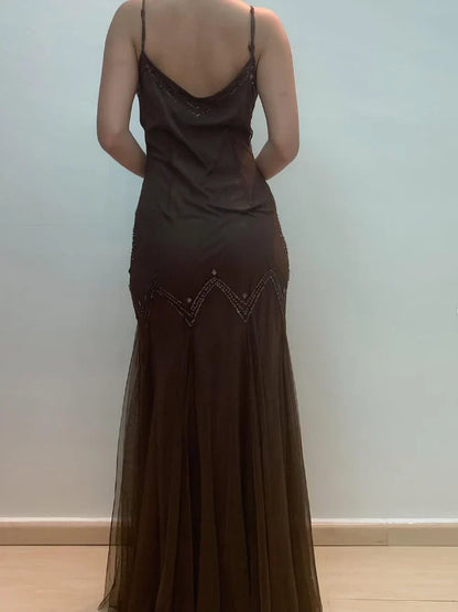 Dress Vintage Mermaid Spaghetti Strap Sequins Brown Chiffon Prom Dress Evening Dress Party Dress