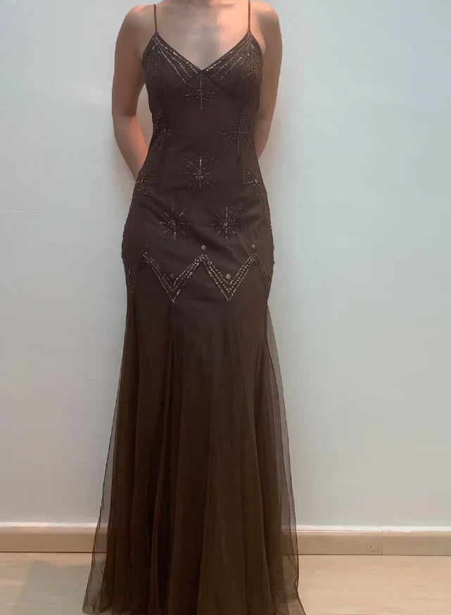 Dress Vintage Mermaid Spaghetti Strap Sequins Brown Chiffon Prom Dress Evening Dress Party Dress
