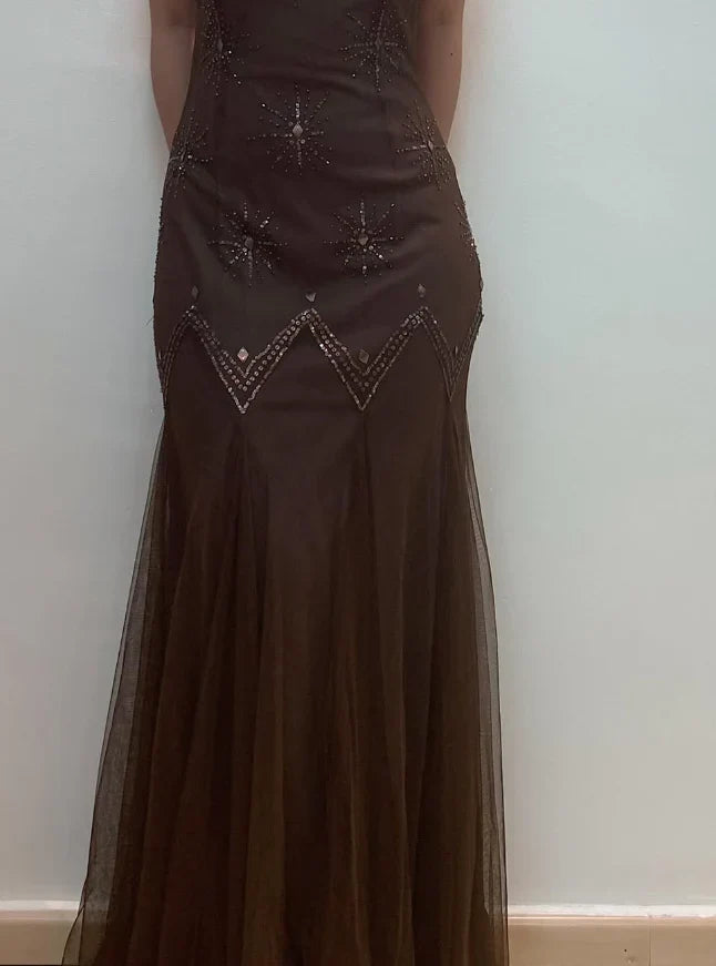 Dress Vintage Mermaid Spaghetti Strap Sequins Brown Chiffon Prom Dress Evening Dress Party Dress