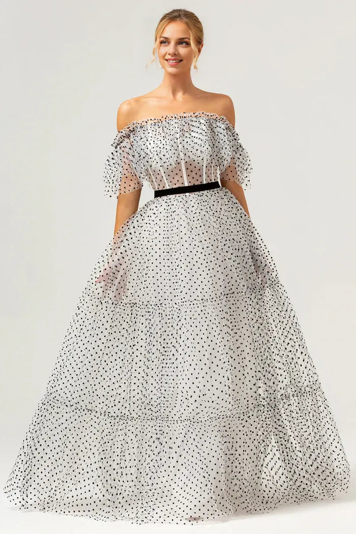 Dress White Black A-Line Off The Shoulder Maxi Dress Prom Dress With Dot Evening Dress