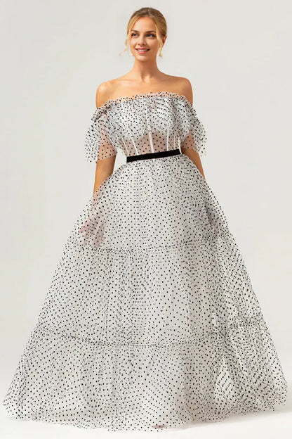 Dress White Black A-Line Off The Shoulder Maxi Dress Prom Dress With Dot Evening Dress