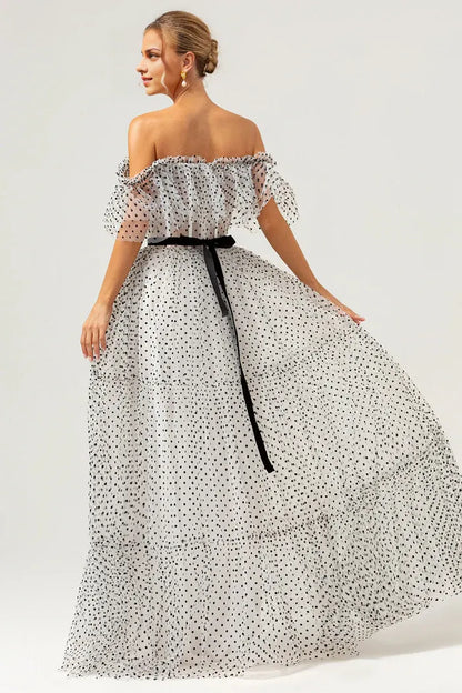 Dress White Black A-Line Off The Shoulder Maxi Dress Prom Dress With Dot Evening Dress