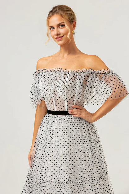 Dress White Black A-Line Off The Shoulder Maxi Dress Prom Dress With Dot Evening Dress