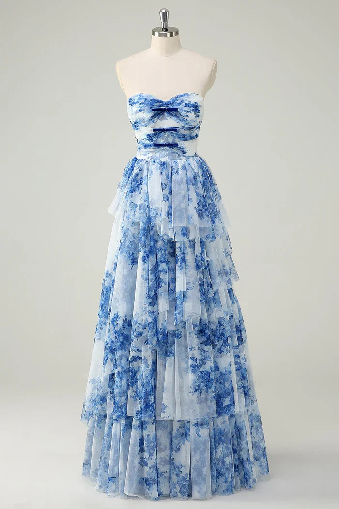 Dress White Blue Flower A Line Strapless Maxi Dress Prom Dress Formal Dress With Tiered Evening Dress