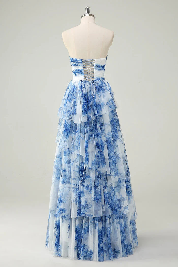Dress White Blue Flower A Line Strapless Maxi Dress Prom Dress Formal Dress With Tiered Evening Dress