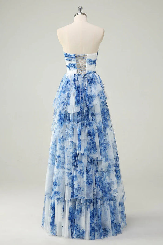 Dress White Blue Flower A Line Strapless Maxi Dress Prom Dress Formal Dress With Tiered Evening Dress