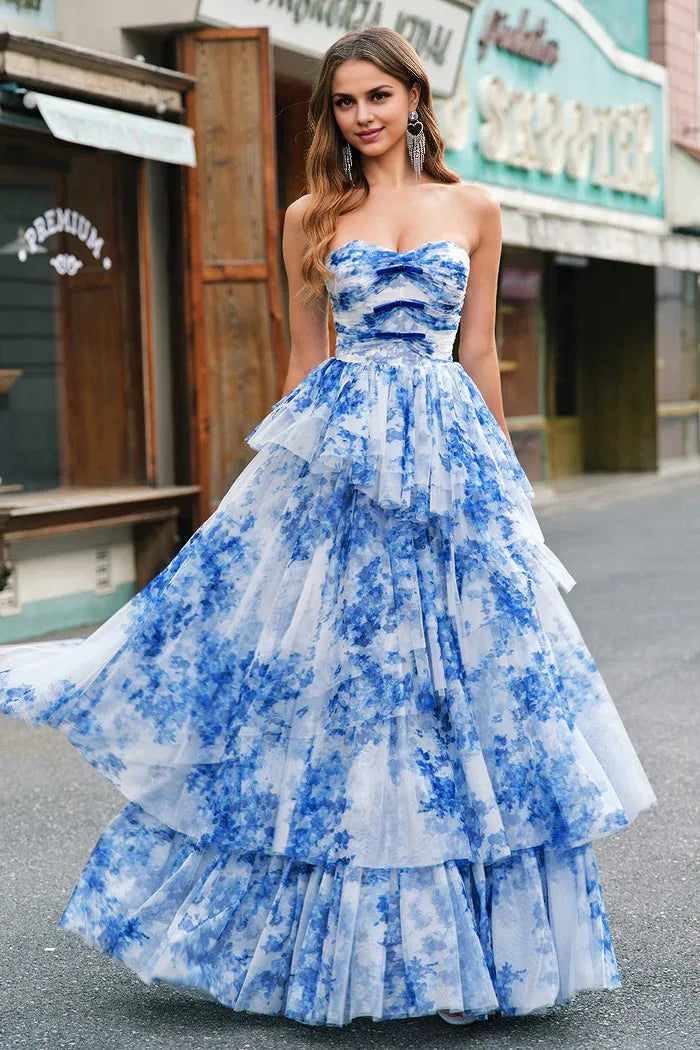 Dress White Blue Flower A Line Strapless Maxi Dress Prom Dress Formal Dress With Tiered Evening Dress