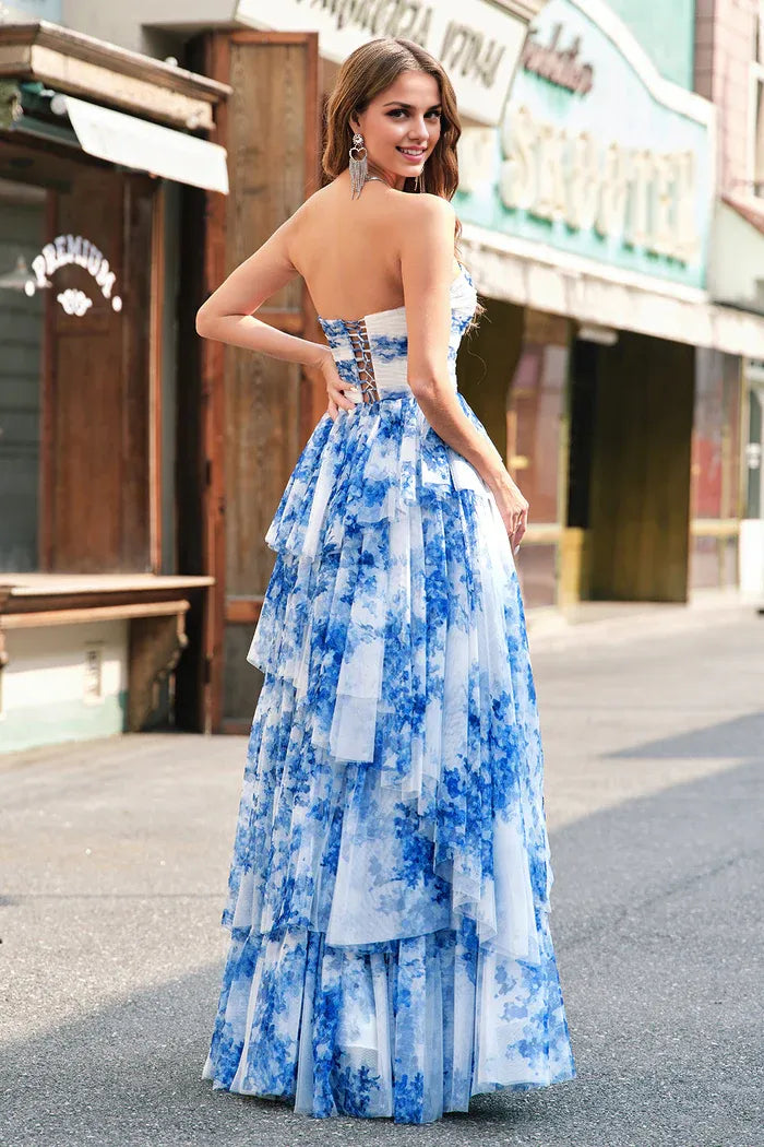 Dress White Blue Flower A Line Strapless Maxi Dress Prom Dress Formal Dress With Tiered Evening Dress