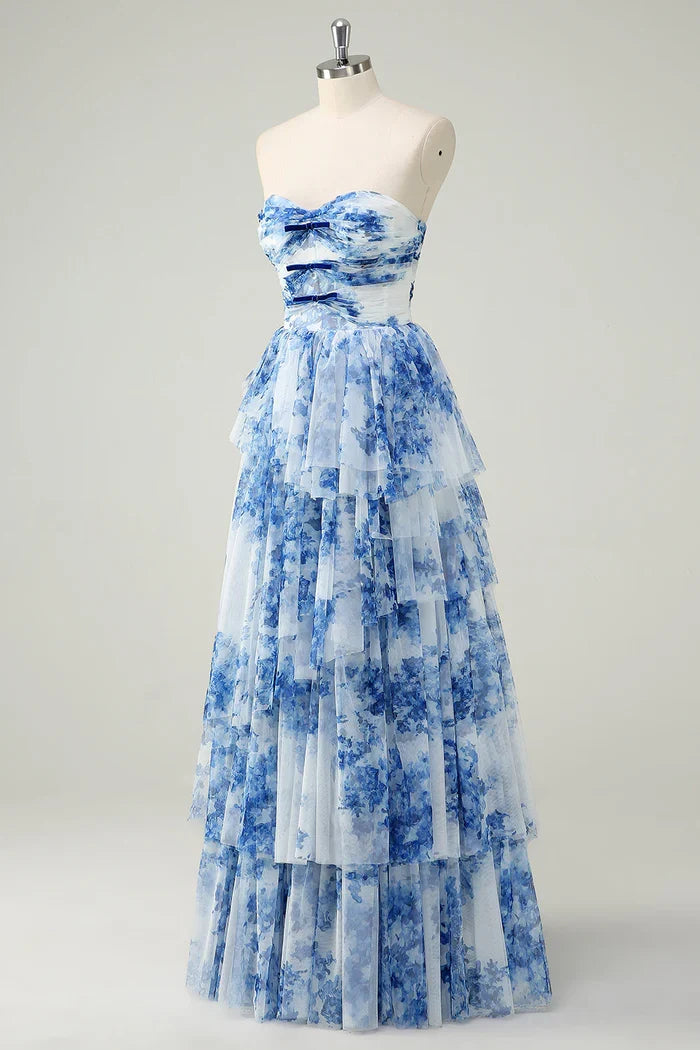 Dress White Blue Flower A Line Strapless Maxi Dress Prom Dress Formal Dress With Tiered Evening Dress