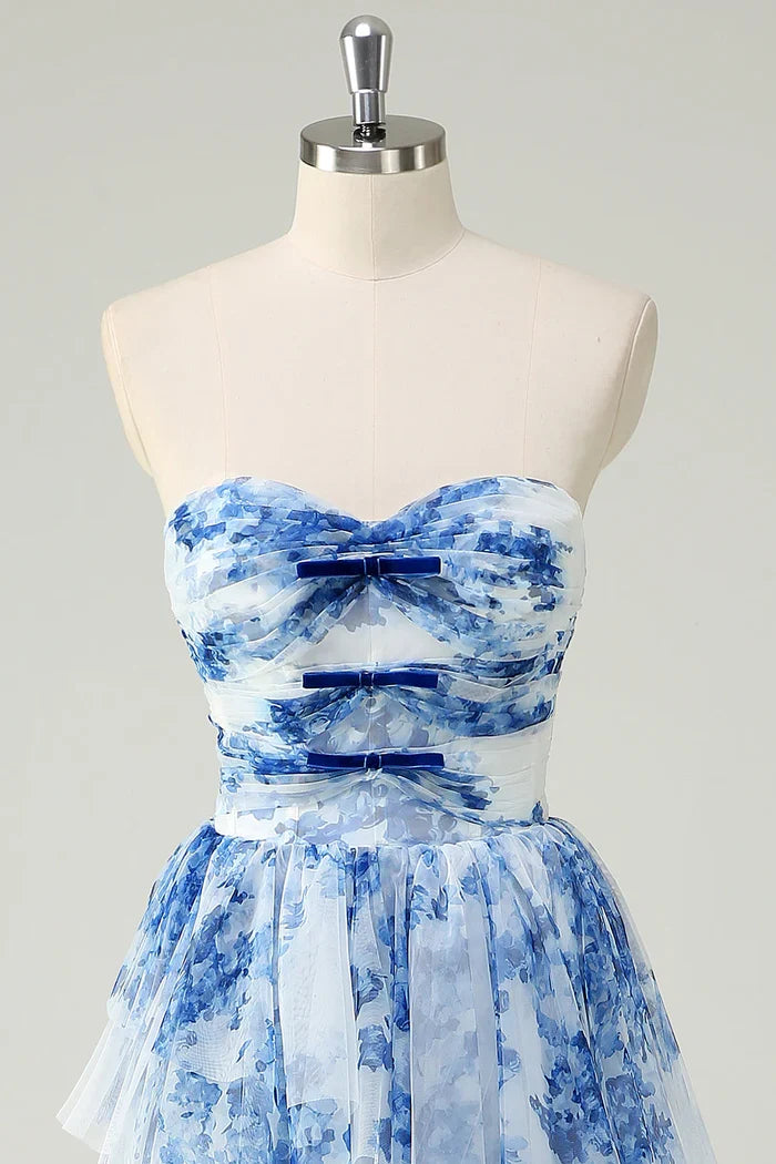 Dress White Blue Flower A Line Strapless Maxi Dress Prom Dress Formal Dress With Tiered Evening Dress
