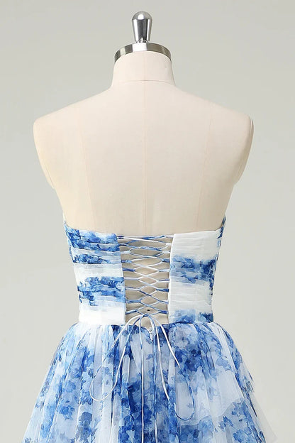 Dress White Blue Flower A Line Strapless Maxi Dress Prom Dress Formal Dress With Tiered Evening Dress