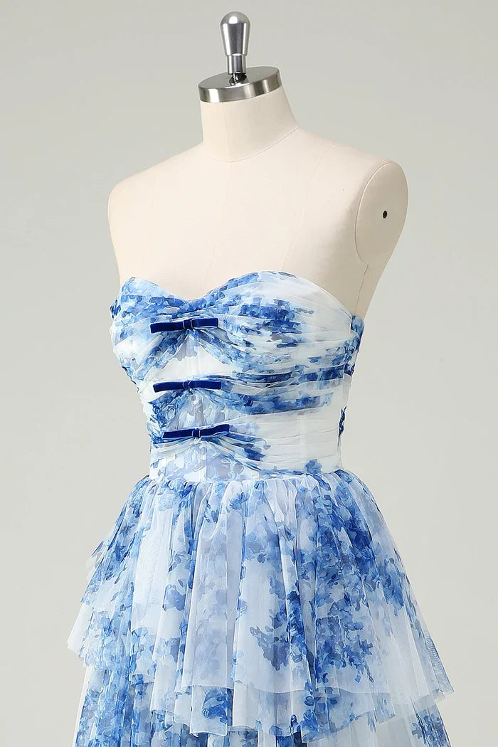 Dress White Blue Flower A Line Strapless Maxi Dress Prom Dress Formal Dress With Tiered Evening Dress
