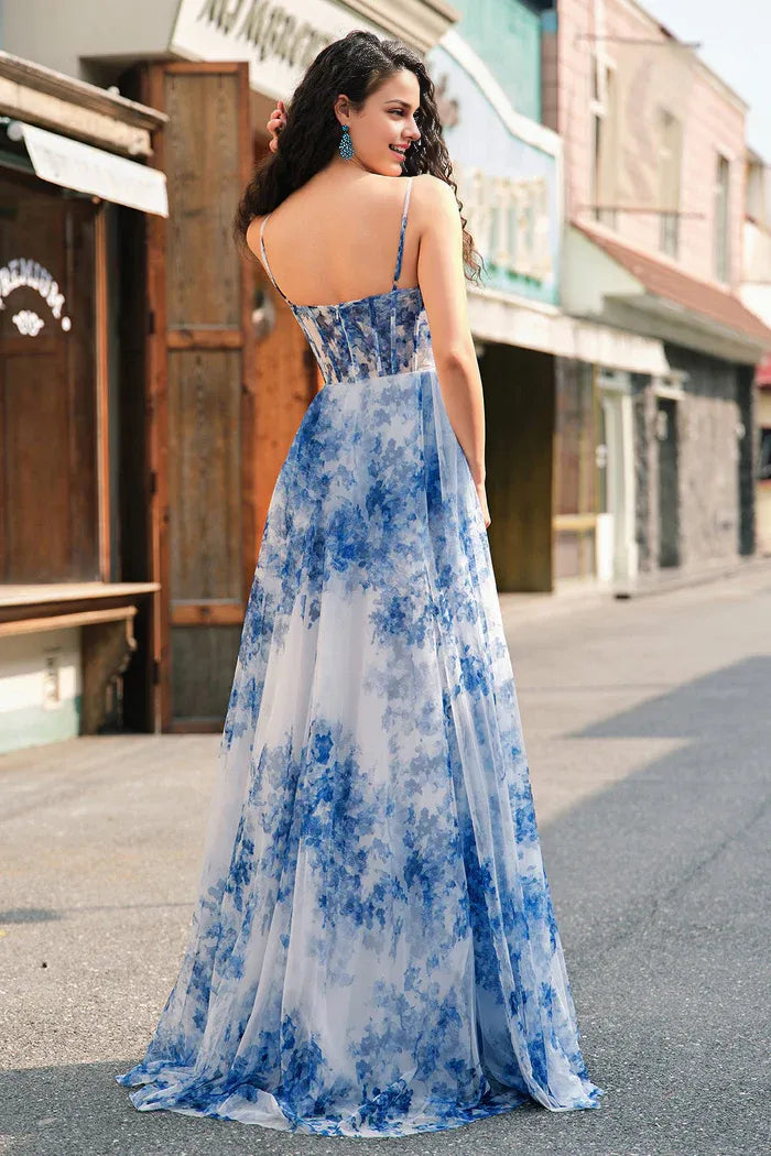 Dress White Blue Flower Spaghetti Straps Ruched Corset Party Dress Maxi Dress Sleeveless With Slit Prom Dress