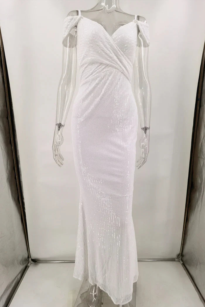 Dress White Off-the-Shoulder Prom Dress Maxi Dress Spaghetti Straps Sleeveless Mermaid Sparkly Party Dress
