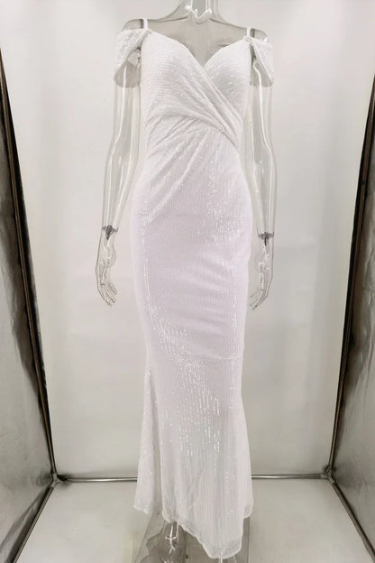 Dress White Off-the-Shoulder Prom Dress Maxi Dress Spaghetti Straps Sleeveless Mermaid Sparkly Party Dress