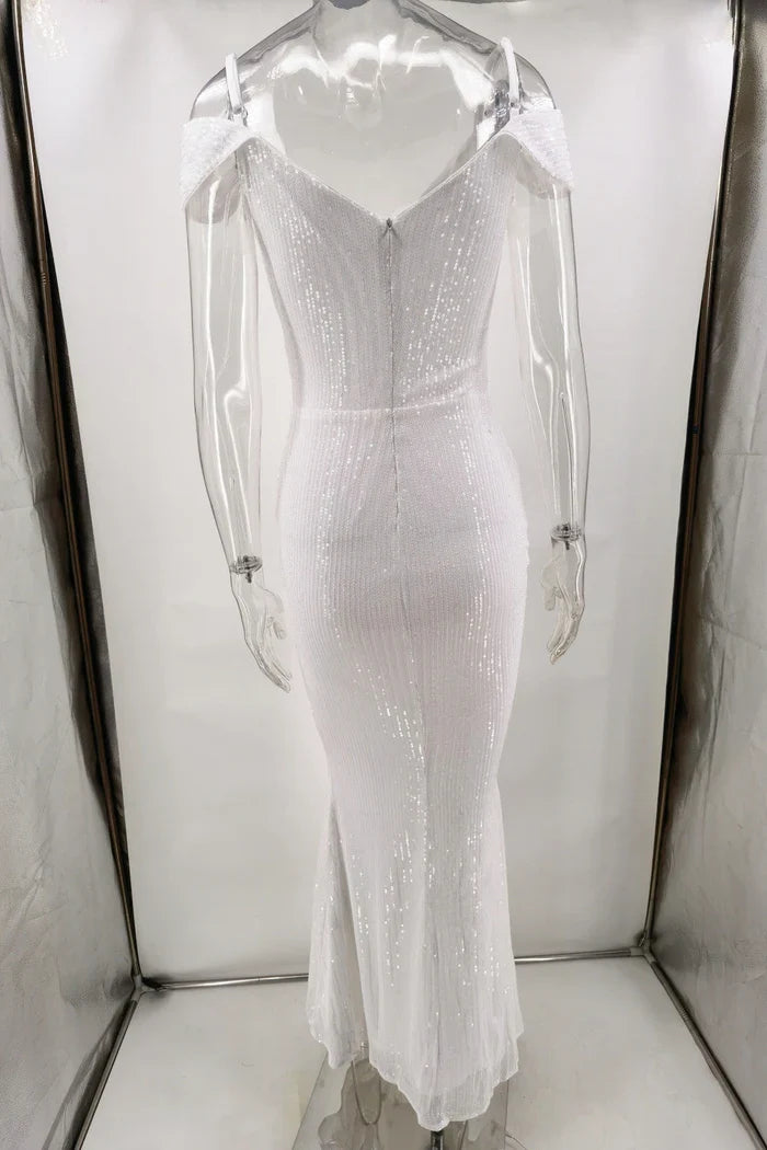 Dress White Off-the-Shoulder Prom Dress Maxi Dress Spaghetti Straps Sleeveless Mermaid Sparkly Party Dress