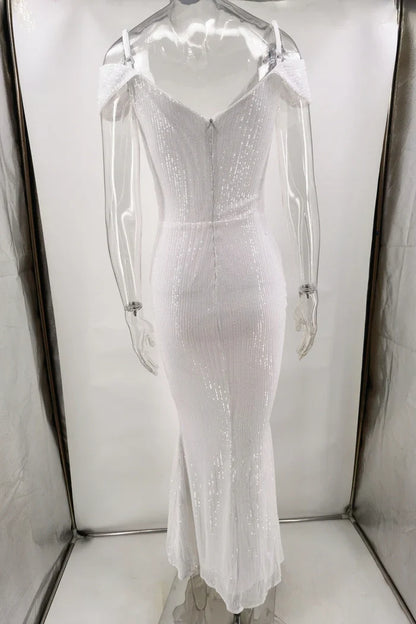 Dress White Off-the-Shoulder Prom Dress Maxi Dress Spaghetti Straps Sleeveless Mermaid Sparkly Party Dress